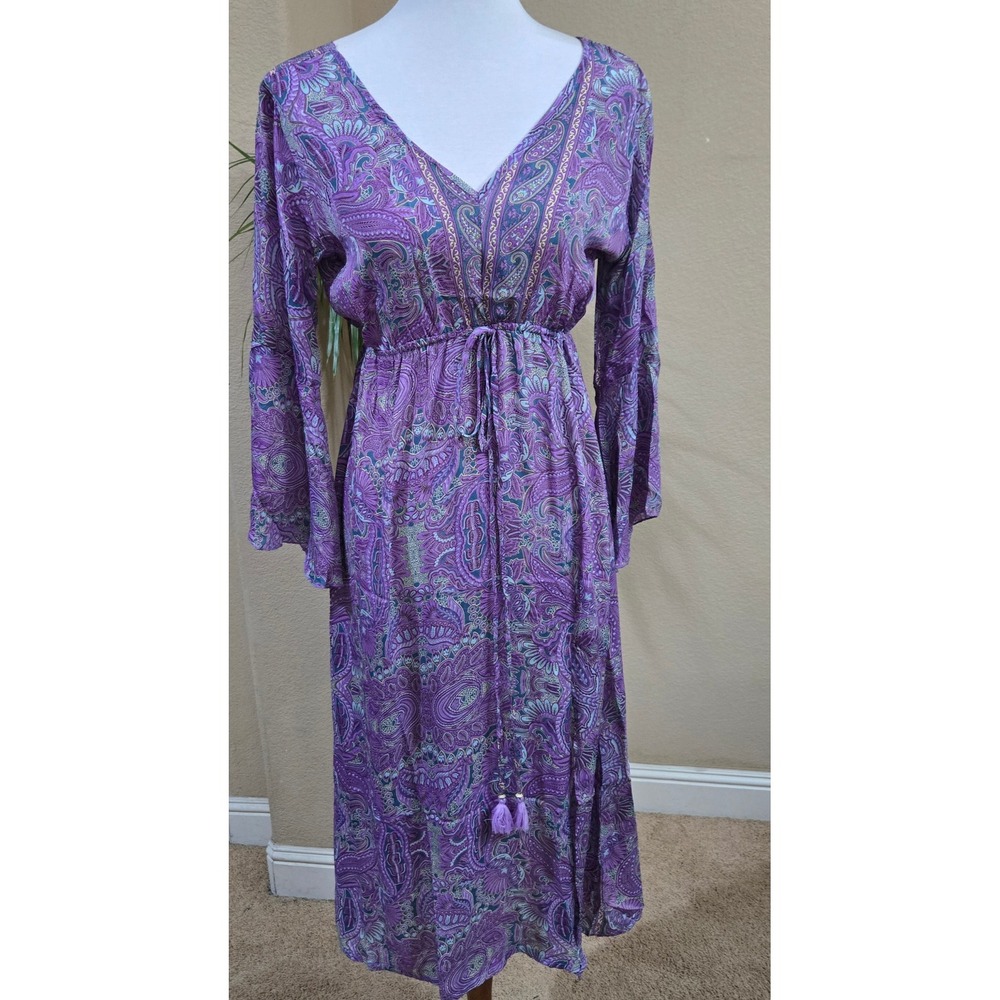 Maxi Dress Women Purple Paisley Silk Blend Boho Festival Bell Sleeve Whimsical